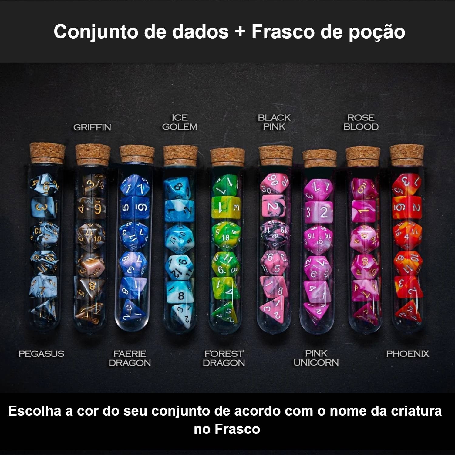 Conjunto de dados poliédricos RPG/D&D, frasco de poção